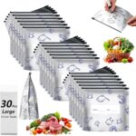 30 large LOPUY reusable Mylar food storage bags, standing upright, filled with various pantry items like beans and rice.