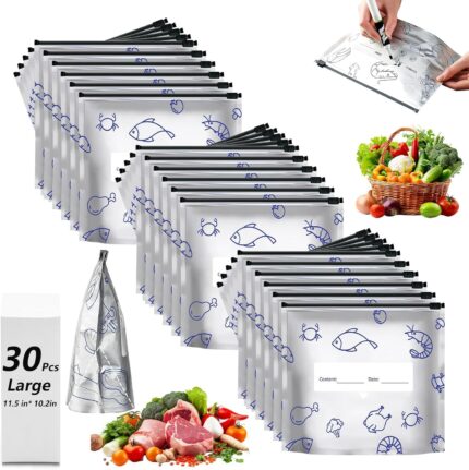 30 large LOPUY reusable Mylar food storage bags, standing upright, filled with various pantry items like beans and rice.