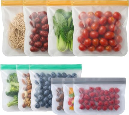 A clear, multicolor set of Anelueeoo reusable freezer bags, including gallon, sandwich, and snack sizes, with various foods i