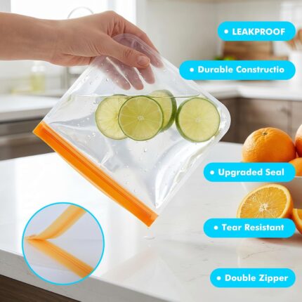 A clear, multicolor set of Anelueeoo reusable freezer bags, including gallon, sandwich, and snack sizes, with various foods i