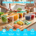 A clear, multicolor set of Anelueeoo reusable freezer bags, including gallon, sandwich, and snack sizes, with various foods i