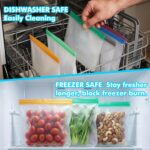 A clear, multicolor set of Anelueeoo reusable freezer bags, including gallon, sandwich, and snack sizes, with various foods i