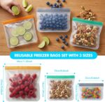 A clear, multicolor set of Anelueeoo reusable freezer bags, including gallon, sandwich, and snack sizes, with various foods i