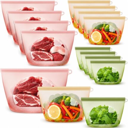A clear Annaklin 12-pack of reusable silicone food storage bags in various sizes, standing upright.