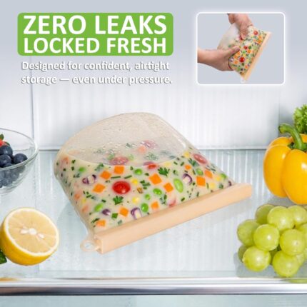 A clear Annaklin 12-pack of reusable silicone food storage bags in various sizes, standing upright.
