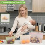 A clear Annaklin 12-pack of reusable silicone food storage bags in various sizes, standing upright.