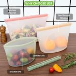 A clear Annaklin 12-pack of reusable silicone food storage bags in various sizes, standing upright.