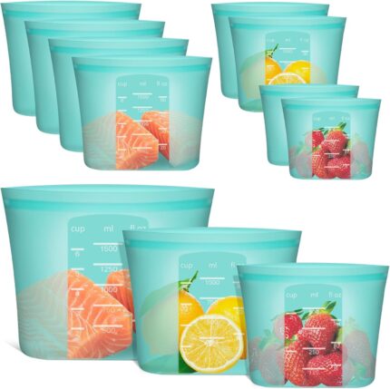 Eight Annaklin aqua silicone food storage bags in various sizes, standing upright with zip-lock closures.
