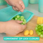 Eight Annaklin aqua silicone food storage bags in various sizes, standing upright with zip-lock closures.