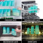 Eight Annaklin aqua silicone food storage bags in various sizes, standing upright with zip-lock closures.