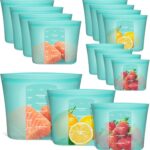 Annaklin 12-pack of aqua silicone food storage bags, standing upright with zip-lock closures, in assorted sizes.