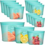 Annaklin 12-pack of aqua silicone food storage bags, standing upright with zip-lock closures, in assorted sizes.