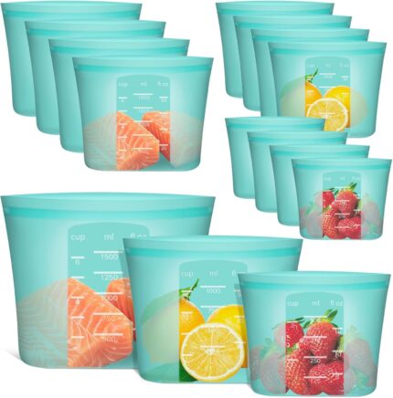 Annaklin 12-pack of aqua silicone food storage bags, standing upright with zip-lock closures, in assorted sizes.