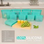 Annaklin 12-pack of aqua silicone food storage bags, standing upright with zip-lock closures, in assorted sizes.