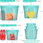 Annaklin 12-pack of aqua silicone food storage bags, standing upright with zip-lock closures, in assorted sizes.