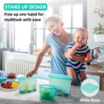 Annaklin 12-pack of aqua silicone food storage bags, standing upright with zip-lock closures, in assorted sizes.