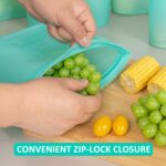 Annaklin 12-pack of aqua silicone food storage bags, standing upright with zip-lock closures, in assorted sizes.