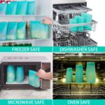 Annaklin 12-pack of aqua silicone food storage bags, standing upright with zip-lock closures, in assorted sizes.