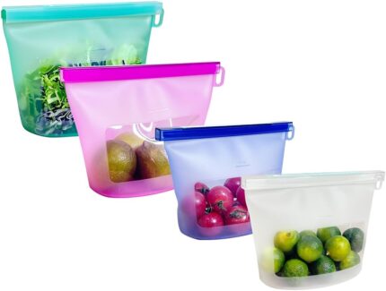 Set of four CuLiDing reusable silicone food storage bags in mixed colors, two snack and two sandwich sizes.
