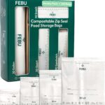 A variety of FEBU compostable food storage bags in snack, sandwich, quart, and gallon sizes, neatly arranged.
