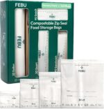 A variety of FEBU compostable food storage bags in snack, sandwich, quart, and gallon sizes, neatly arranged.