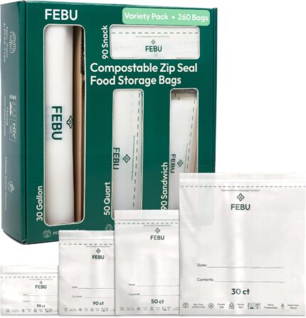 A variety of FEBU compostable food storage bags in snack, sandwich, quart, and gallon sizes, neatly arranged.