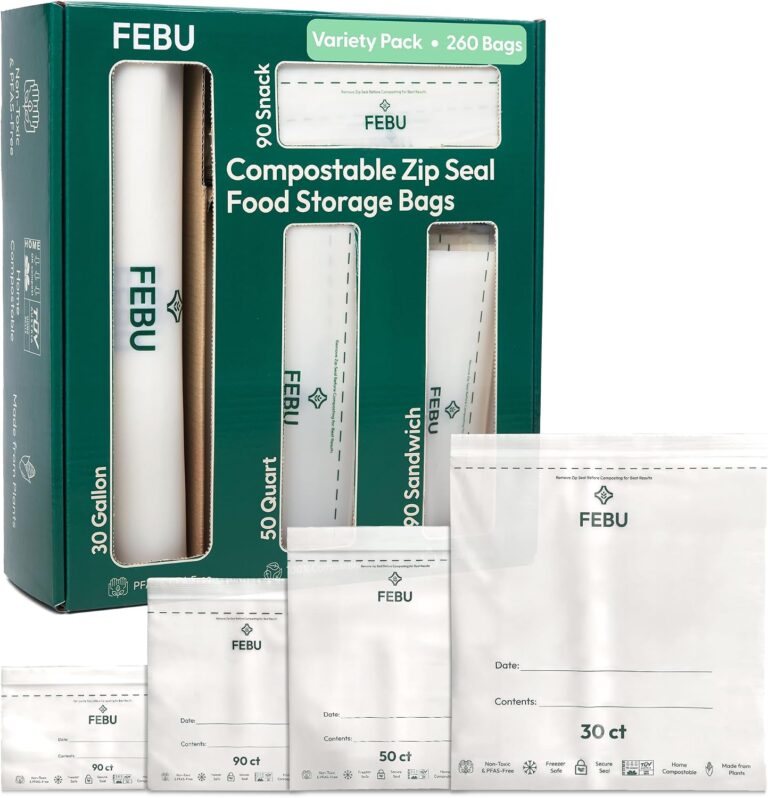 FEBU Compostable Food Storage Bags Variety Pack - 260 Count, Plant-Based & Leak-Proof
