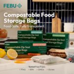 A variety of FEBU compostable food storage bags in snack, sandwich, quart, and gallon sizes, neatly arranged.