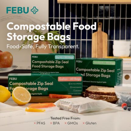 A variety of FEBU compostable food storage bags in snack, sandwich, quart, and gallon sizes, neatly arranged.