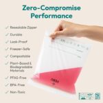 A variety of FEBU compostable food storage bags in snack, sandwich, quart, and gallon sizes, neatly arranged.