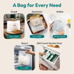 A variety of FEBU compostable food storage bags in snack, sandwich, quart, and gallon sizes, neatly arranged.