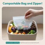 A variety of FEBU compostable food storage bags in snack, sandwich, quart, and gallon sizes, neatly arranged.