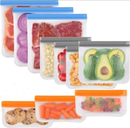 Eight gray reusable freezer bags of various sizes, with secure zipper closures, stacked neatly on a clean surface.