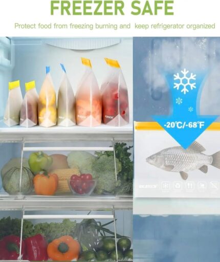Eight gray reusable freezer bags of various sizes, with secure zipper closures, stacked neatly on a clean surface.