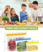 Eight gray reusable freezer bags of various sizes, with secure zipper closures, stacked neatly on a clean surface.