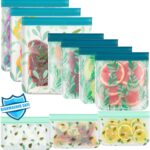 A set of 10 clear, reusable PEVA food storage bags with secure zipper closures, some filled with fresh produce.