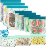 A set of 10 clear, reusable PEVA food storage bags with secure zipper closures, some filled with fresh produce.