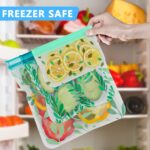 A set of 10 clear, reusable PEVA food storage bags with secure zipper closures, some filled with fresh produce.