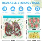 A set of 10 clear, reusable PEVA food storage bags with secure zipper closures, some filled with fresh produce.