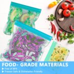 A set of 10 clear, reusable PEVA food storage bags with secure zipper closures, some filled with fresh produce.