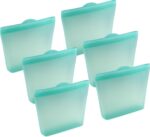 Set of six pool blue Home Logic reusable silicone sandwich bags, shown sealed and ready for food storage.