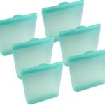 Set of six pool blue Home Logic reusable silicone sandwich bags, shown sealed and ready for food storage.