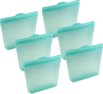 Set of six pool blue Home Logic reusable silicone sandwich bags, shown sealed and ready for food storage.