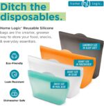 Set of six pool blue Home Logic reusable silicone sandwich bags, shown sealed and ready for food storage.