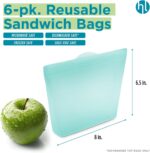 Set of six pool blue Home Logic reusable silicone sandwich bags, shown sealed and ready for food storage.