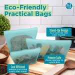 Set of six pool blue Home Logic reusable silicone sandwich bags, shown sealed and ready for food storage.