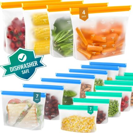 An 18-pack of clear IDEATECH reusable stand-up food storage bags with various foods inside, showcasing their organization and