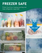 An 18-pack of clear IDEATECH reusable stand-up food storage bags with various foods inside, showcasing their organization and