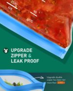 An 18-pack of clear IDEATECH reusable stand-up food storage bags with various foods inside, showcasing their organization and