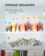 An 18-pack of clear IDEATECH reusable stand-up food storage bags with various foods inside, showcasing their organization and